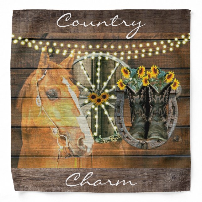 Rustic Horse Sunflowers Wagon Wheel Cowboy Boots Bandana (Front)