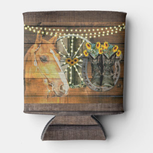 Rustic Horse Sunflowers Wagon Wheel Cowboy Boots Can Cooler