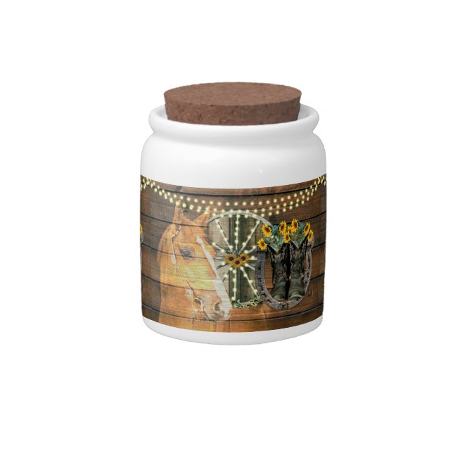 Rustic Horse Sunflowers Wagon Wheel Cowboy Boots Candy Jar (Front)