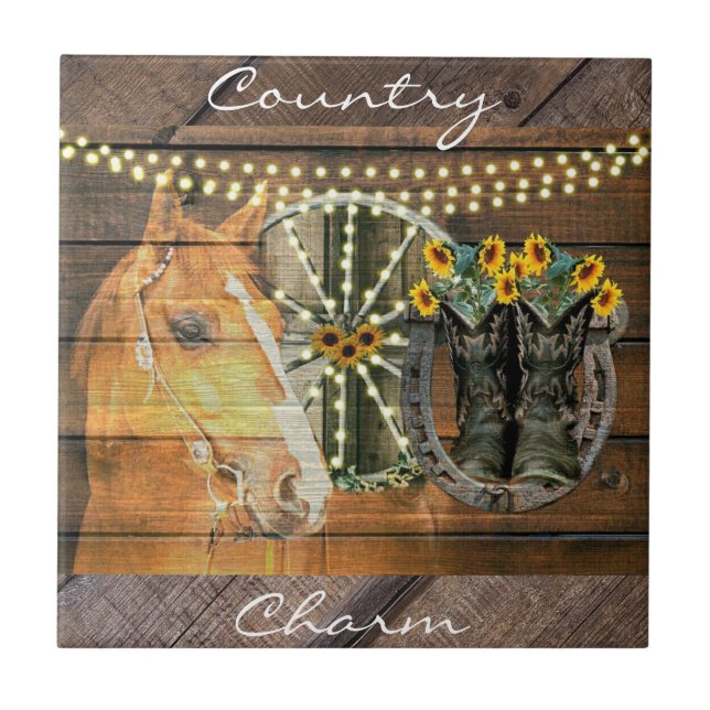 Rustic Horse Sunflowers Wagon Wheel Cowboy Boots Ceramic Tile (Front)
