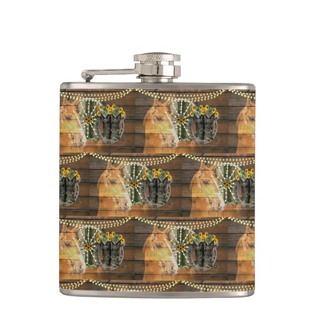 Rustic Horse Sunflowers Wagon Wheel Cowboy Boots F Flask (Front)