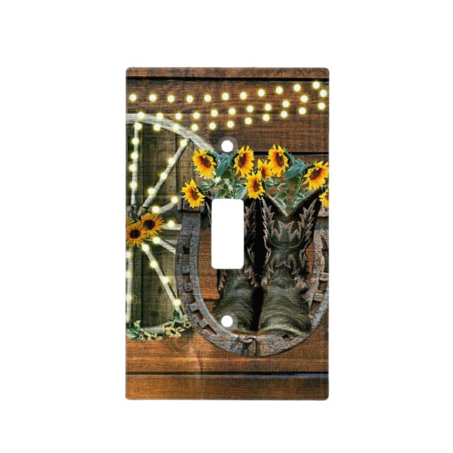 Rustic Horse Sunflowers Wagon Wheel Cowboy Boots Light Switch Cover (Front)