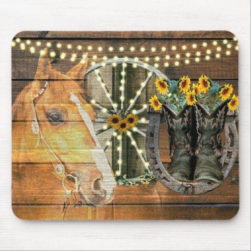 Rustic Horse Sunflowers Wagon Wheel Cowboy Boots Mouse Pad
