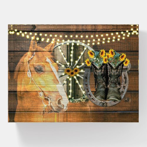 Rustic Horse Sunflowers Wagon Wheel Cowboy Boots Paperweight