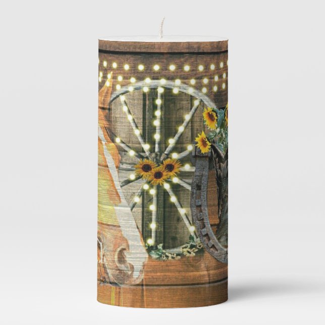 Rustic Horse Sunflowers Wagon Wheel Cowboy Boots Pillar Candle (Front)