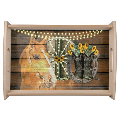 Rustic Horse Sunflowers Wagon Wheel Cowboy Boots Serving Tray