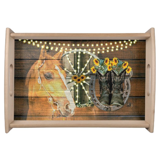 Rustic Horse Sunflowers Wagon Wheel Cowboy Boots Serving Tray (Front)