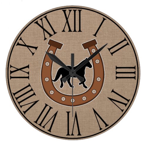 Rustic Horseshoe and Black Horse Faux Burlap Large Clock