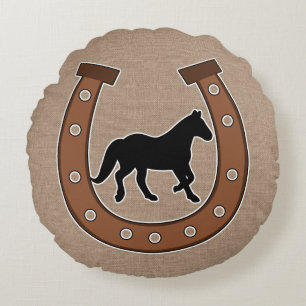 Rustic Horseshoe and Black Horse Faux Burlap Round Pillow