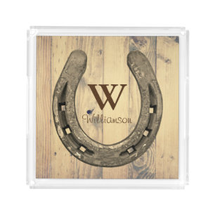 Rustic Horseshoe & Barn Wood Planks Acrylic Tray