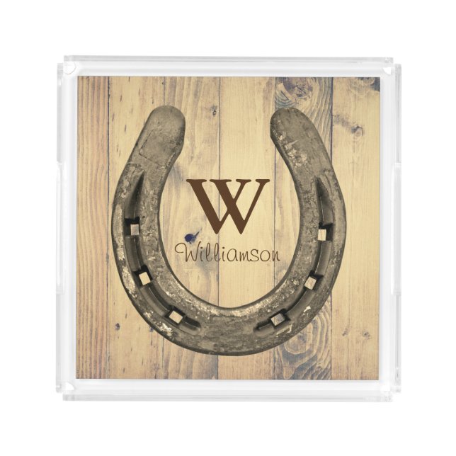 Rustic Horseshoe & Barn Wood Planks Acrylic Tray (Front)