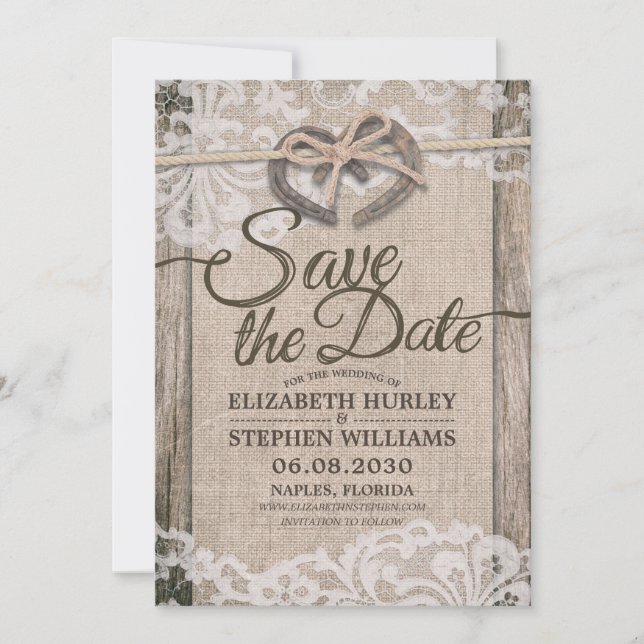 Rustic Horseshoe Burlap Lace Wedding Save The Date (Front)
