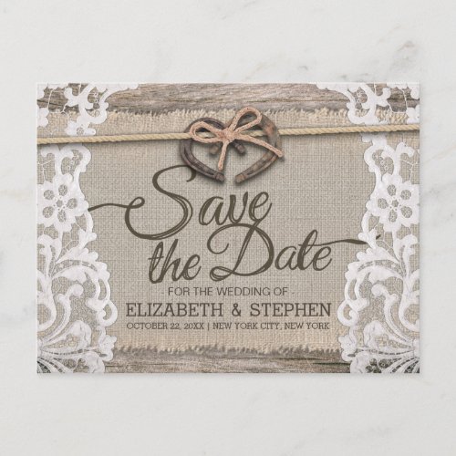 Rustic Horseshoe Burlap Lace Wedding Save The Date Announcement Postcard