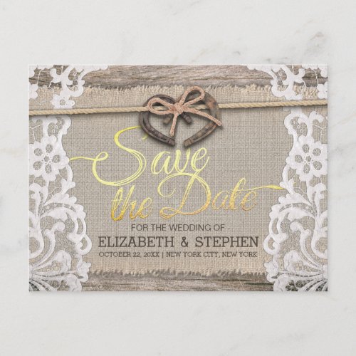 Rustic Horseshoe Burlap Lace Wedding Save The Date Announcement Postcard