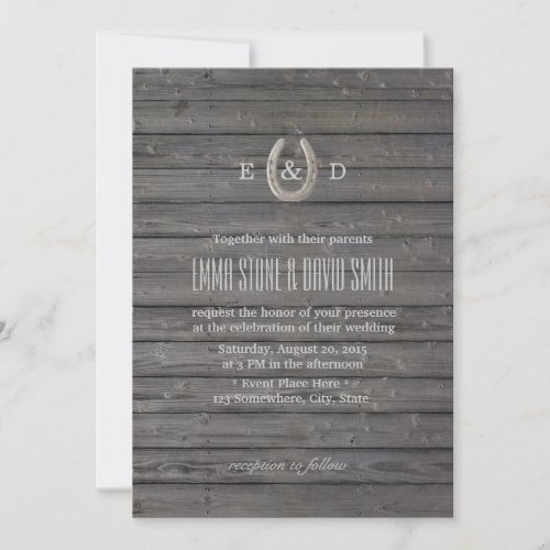 Rustic Horseshoe Dark Barn Wood Wedding Invitation