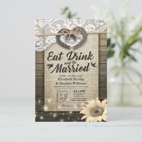 Rustic Horseshoe Lace EAT Drink Be Married Wedding Invitation