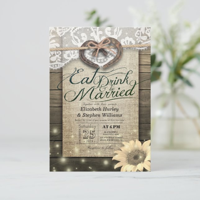 Rustic Horseshoe Lace EAT Drink Be Married Wedding Invitation (Standing Front)