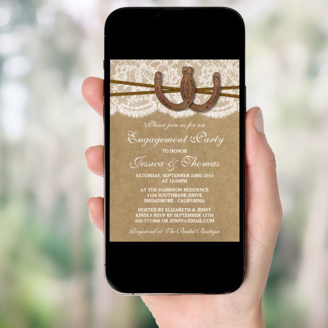 Rustic Horseshoe On Kraft & Lace Engagement Invitation (Front Digital)