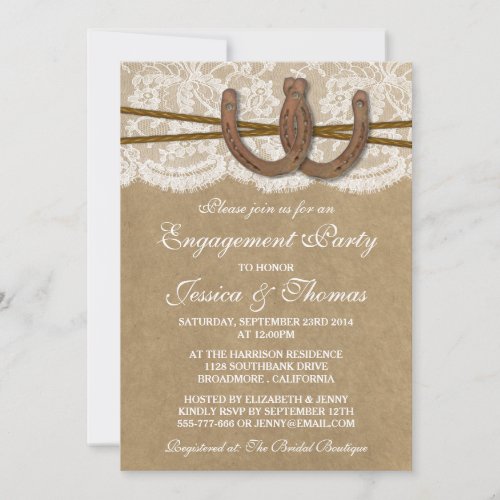 Rustic Horseshoe On Kraft  Lace Engagement Invitation