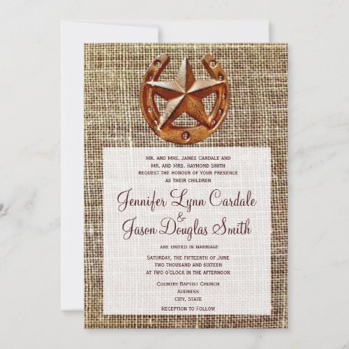 Rustic Horseshoe Star Burlap Wedding Invitations