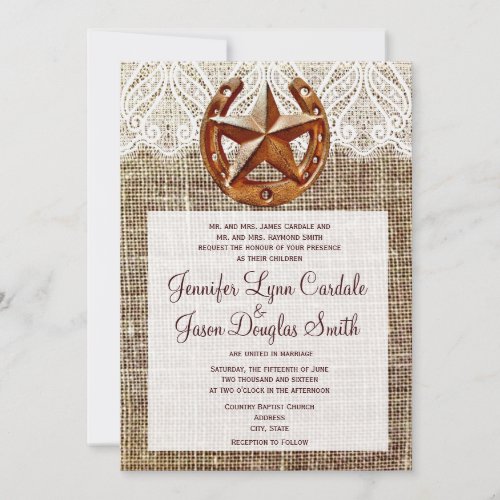 Rustic Horseshoe Star Burlap Wedding Invitations
