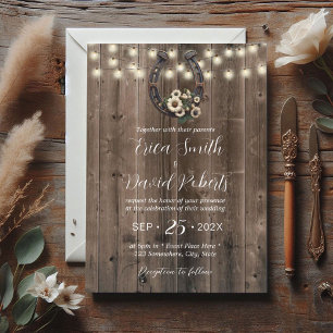 Rustic Horseshoe & String Lights Horse Wedding Invitation