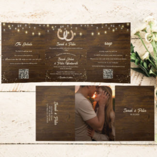 Rustic Horseshoe String Lights Photo All-in-one Tri-Fold Invitation