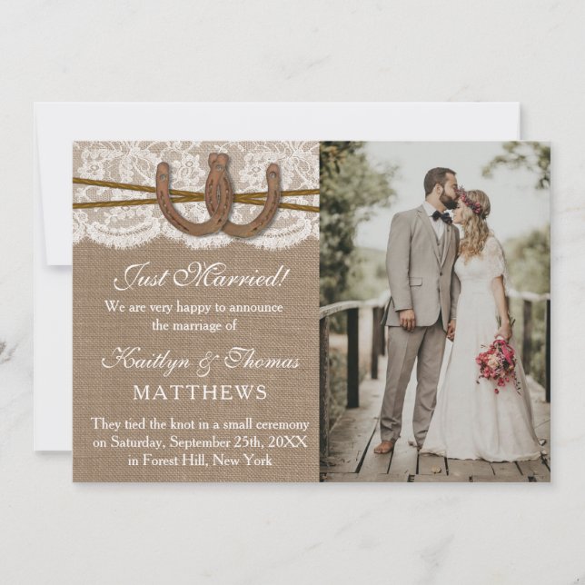 Rustic Horseshoe Wedding Photo Marriage Announcement (Front)