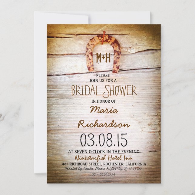 rustic horseshoe wood bridal shower invitation (Front)