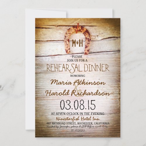 rustic horseshoe wood rehearsal dinner invitation