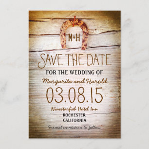 rustic horseshoe wood save the date cards