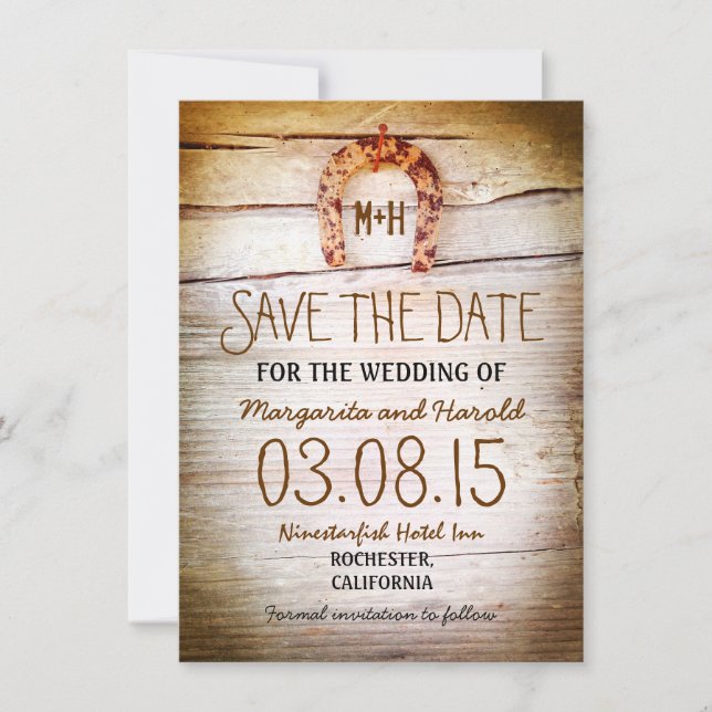 rustic horseshoe wood save the date cards (Front)