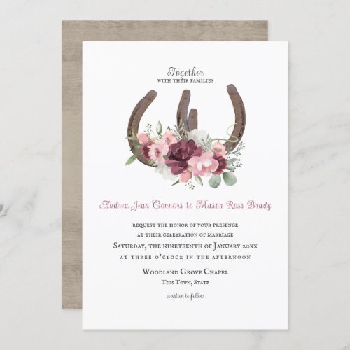Rustic Horseshoes and Flowers Burgundy Pink Invita Invitation