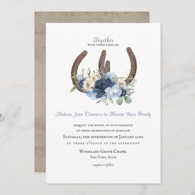 Rustic Horseshoes and Flowers Dusty Blue Invitation (Front/Back)