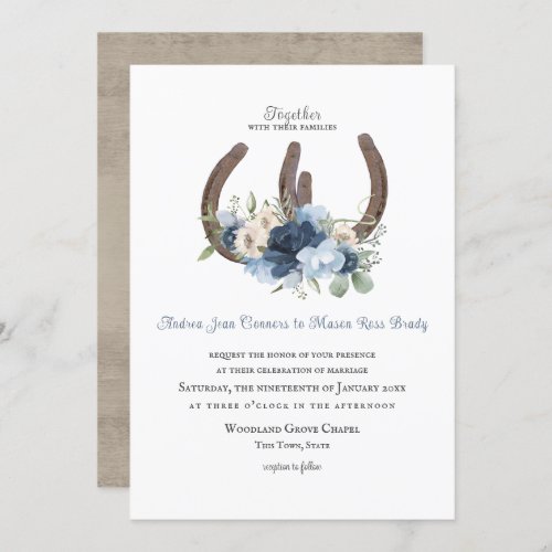 Rustic Horseshoes and Flowers Dusty Blue Invitation