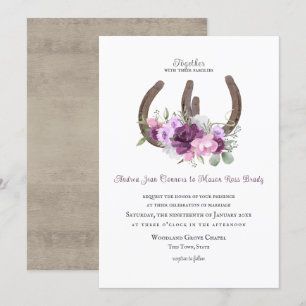 Rustic Horseshoes and Flowers Purple Invitation