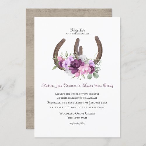 Rustic Horseshoes and Flowers Purple Invitation