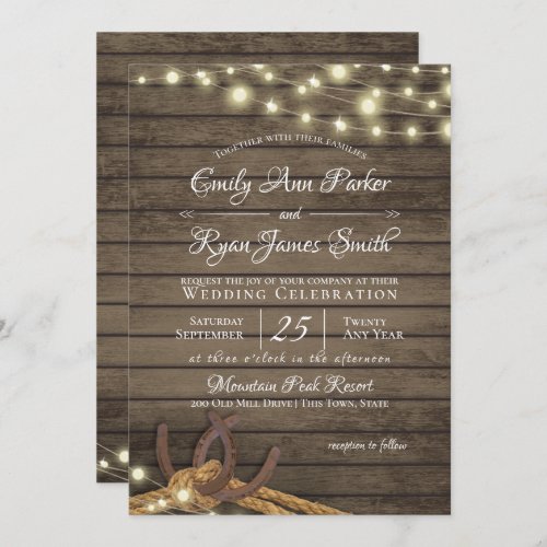 Rustic Horseshoes and Rope Barn Wood and Lights Invitation