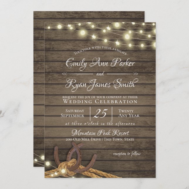 Rustic Horseshoes and Rope Barn Wood and Lights Invitation (Front/Back)