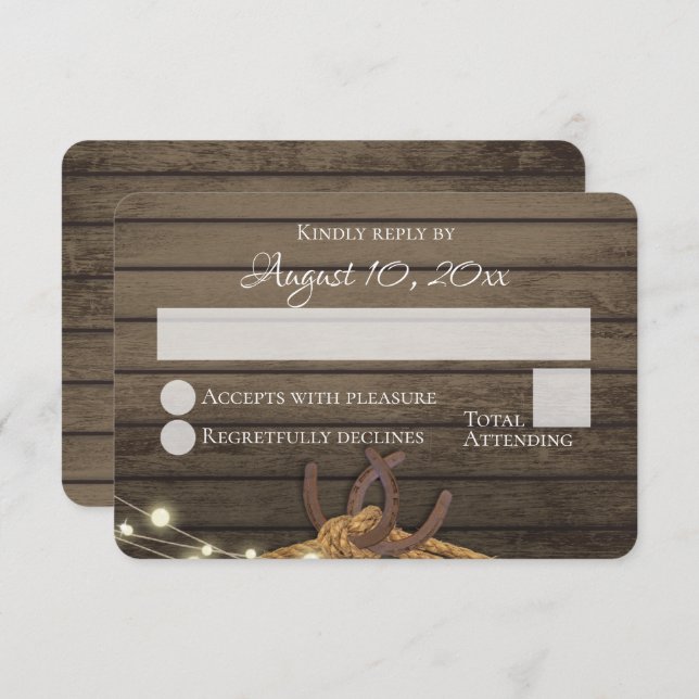 Rustic Horseshoes Barn Wood Lights Wedding RSVP Invitation (Front/Back)