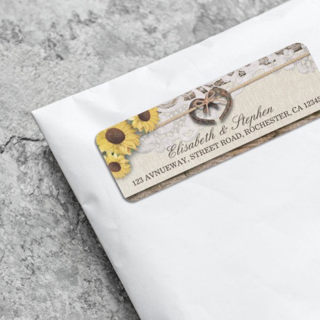 Rustic Horseshoes Burlap Lace Sunflowers Weddings Label (Creator Uploaded)