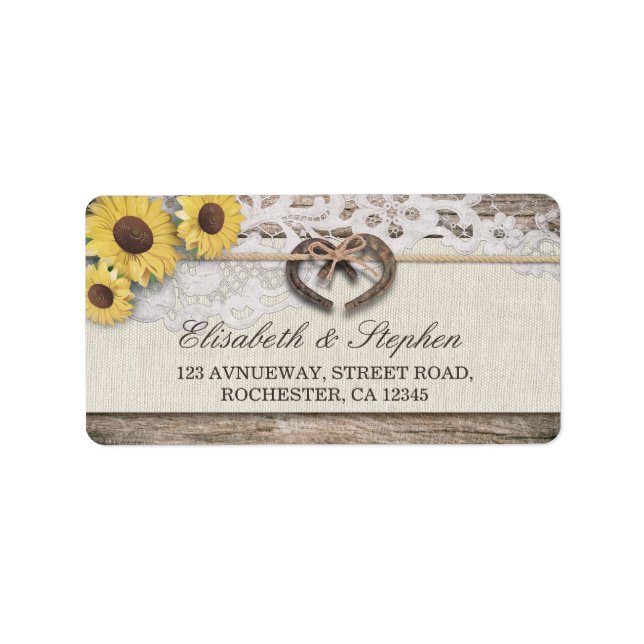 Rustic Horseshoes Burlap Lace Sunflowers Weddings Label (Front)