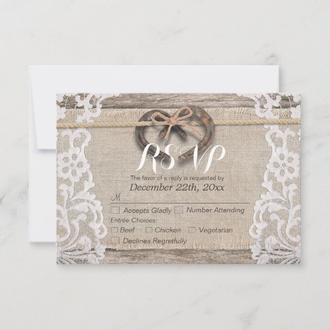 Rustic Horseshoes Burlap Lace Wedding RSVP Reply (Front)