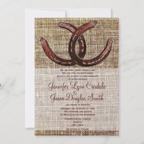 Rustic Horseshoes Burlap Print Wedding Invitations