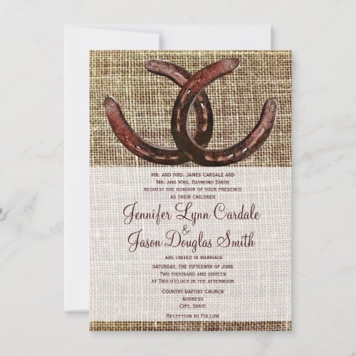 Rustic Horseshoes Burlap Print Wedding Invitations
