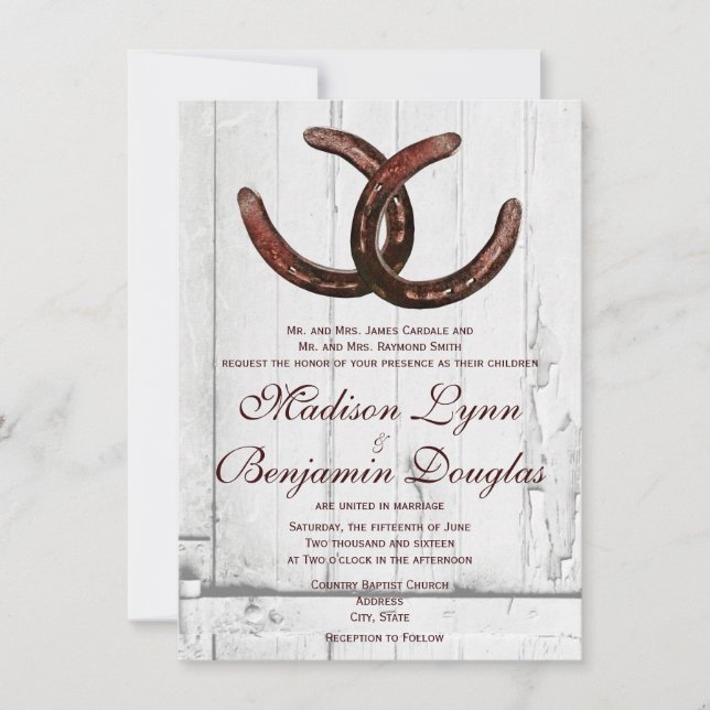 Rustic Horseshoes Country Wood Wedding Invitations (Front)