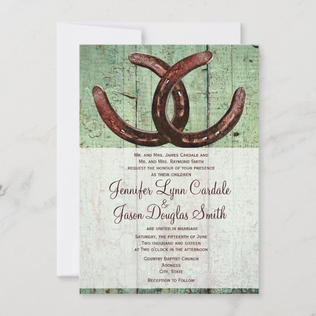 Rustic Horseshoes Country Wood Wedding Invitations (Front)