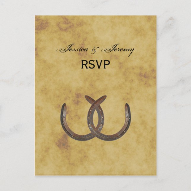 Rustic Horseshoes Distressed BG RSVP Invitation Postcard (Front)