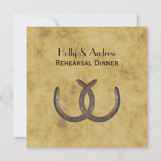 Rustic Horseshoes Distressed BG SQ Rehearsal Din Invitation (Front)