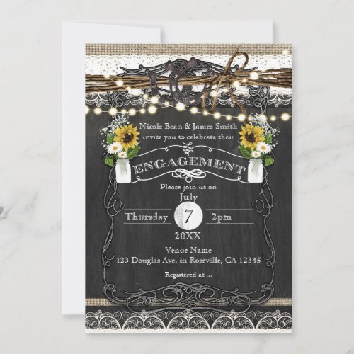 Rustic Horseshoes  Flowers Country ENGAGEMENT Invitation